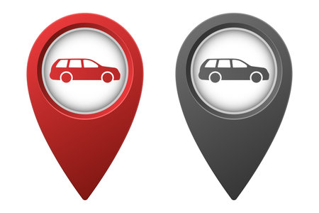 Active red and inactive gray map pointer or marker with minivan car icon. Map pointer of car rental, parking, service, trade for gps map, business app or gameのイラスト素材