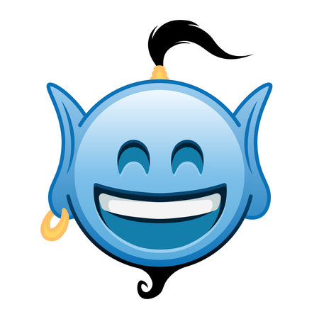 Blue genie cartoon emoji smiling face with open mouth and laughing eyes. Large size blue emojiのイラスト素材