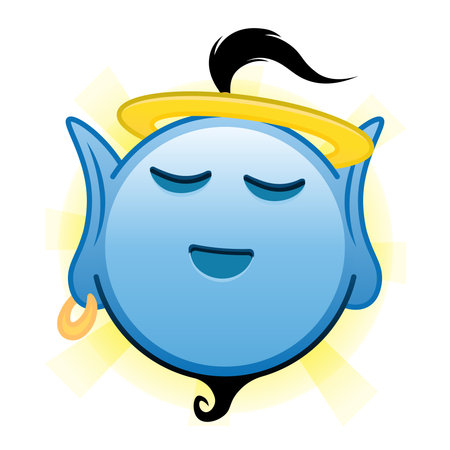 Blue genie cartoon emoji with smiling face and halo. Large size blue emojiのイラスト素材