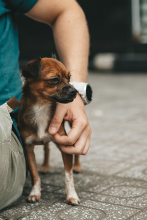 Young girl picked up a homeless dog on the street, a person's hand strokes the dog, abandoned, frightened homeless puppy in a shelter for dogsの写真素材