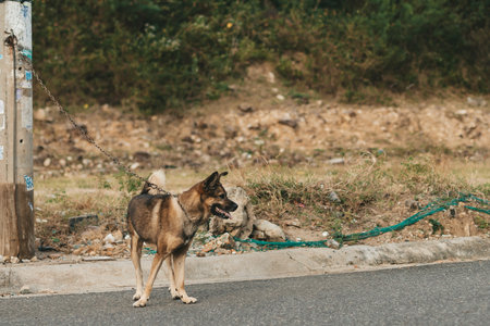 Sad lonely abandoned dog on the street of the cityの写真素材