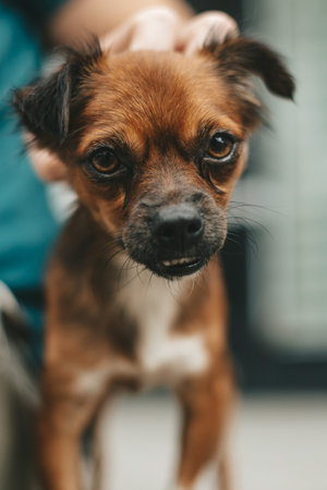 Young girl picked up a homeless dog on the street, a person's hand strokes the dog, abandoned, frightened homeless puppy in a shelter for dogsの写真素材