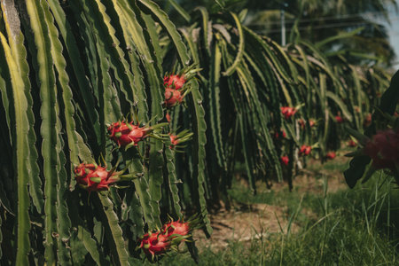 dragon fruit on the dragon fruit pitaya tree, harvest in the country agriculture farm at asian exotic tropical, pitahaya organic cactus plantation in thailand or vietnam in the summer sunny dayの写真素材