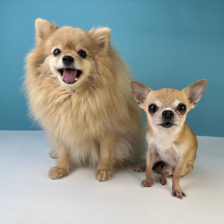 Two friends cute dogs, happy puppies Pomeranian Spitz dog and little small Chihuahuaの写真素材