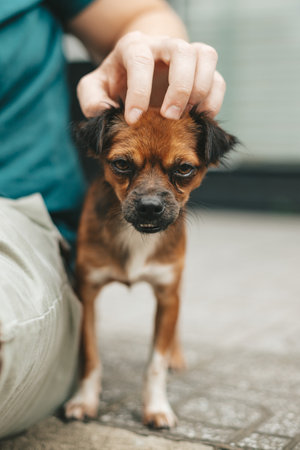 Young girl picked up a homeless dog on the street, a persons hand strokes the dog, abandoned, frightened homeless puppy in a shelter for dogsの写真素材