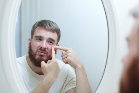 Anxious young man look in the mirror worried about wrinkle or acne on unhealthy skin, upset unhappy millennial female examine squeeze pimple on face in the bedroom, cosmetology, skincare conceptの写真素材