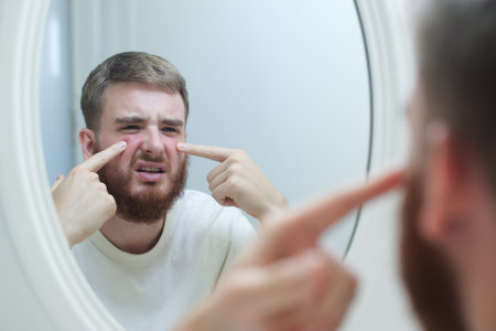 Anxious young man look in the mirror worried about wrinkle or acne on unhealthy skin, upset unhappy millennial female examine squeeze pimple on face in the bedroom, cosmetology, skincare conceptの写真素材
