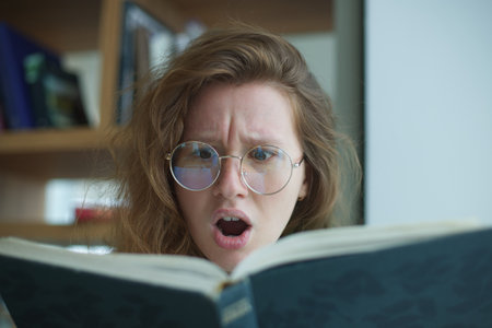 young girl reading a book, emotionally surprised, angry in the library or school, preparing for examsの写真素材