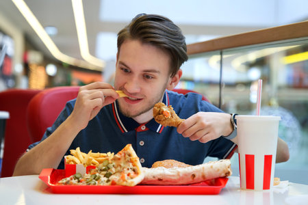 Young man eating fast food in the mall on food court. Burger, French fries and soda.の写真素材