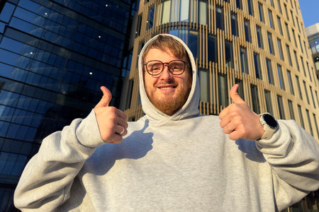 Young happy successful man, college or university student show thumb up, like gesture and smile outdoors at campusの写真素材