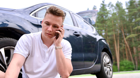 Sad upset guy driver sitiing near broken car after road accident, crash, calling emergency on cell mobile phone talking on smartphone. Young desperate man got into accidentの写真素材