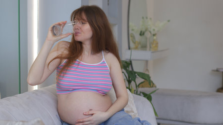 Pregnant Happy woman drink water sit in living room at home on sofa. Young expectant lady have rest at home with glass. Pregnancy, healthcare, healthy lifestyle, looking at camera, stroking bellyの写真素材