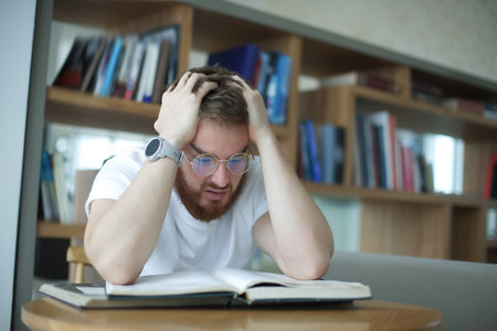 Portrait of tired overworked guy, exhausted young man in glasses college or university student is...
