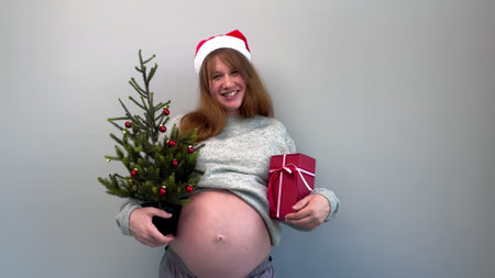 happy young pregnant woman holding Christmas tree and red box gift in Santa claus hat. concept new year, christmas, preparationの写真素材