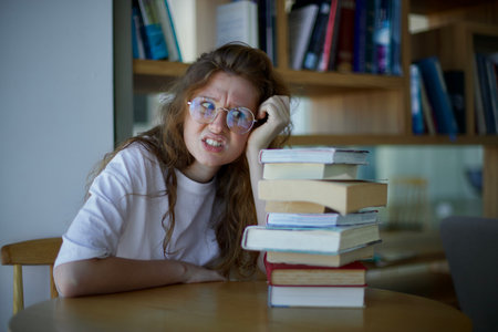beautiful sad woman student in glasses, sitting with books in library. concept education,...