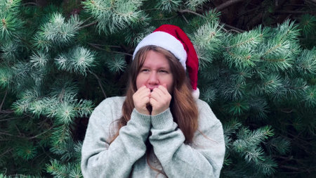young woman in santa claus hat freezing and shaking against christmas trees