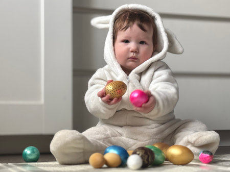 cute baby toddler in bunny costume playing with easter eggs at homeの写真素材