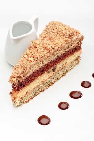 A piece of fresh baked delicious sponge-cake with chocolate sauce on a white plate. A hand pouring chocolate sauce out of a sauceboat on it.の写真素材