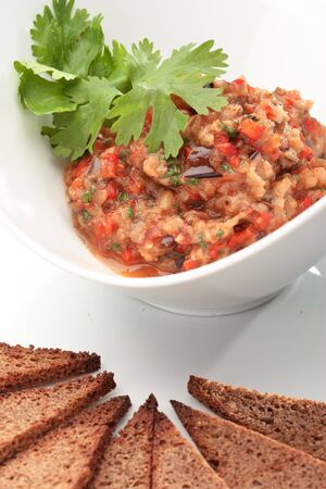Close up of the caviar made of eggplants and tomatoes. Ukrainian cuisine.の写真素材