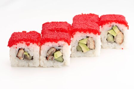 California rolls on a white background with red caviarの写真素材