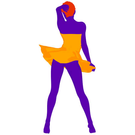 Beautiful a fashion girl in short dress. Purple silhouette of young woman. Vector illustration.のイラスト素材