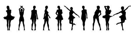 Set of beautiful a fashion girls in short dress. Silhouette of young woman. Vector illustration.のイラスト素材