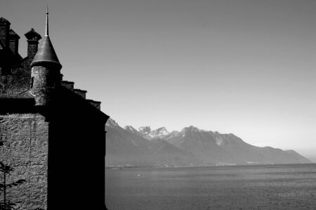 Combination of the view of a castle with Lake Geneva.の写真素材