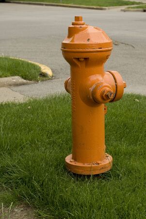 Image of an orange fire hydrant in the grassの写真素材