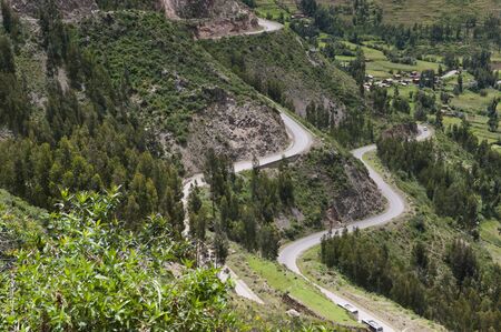 An aerial view of the Peruvian roadway near Cusco in Peru.の写真素材