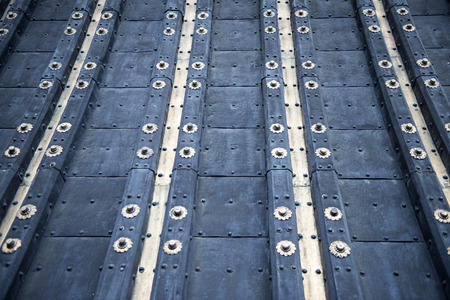 A closed gate of a buddhist temple in Japan. The blue colored gate is made of wood and looks very bright.の写真素材