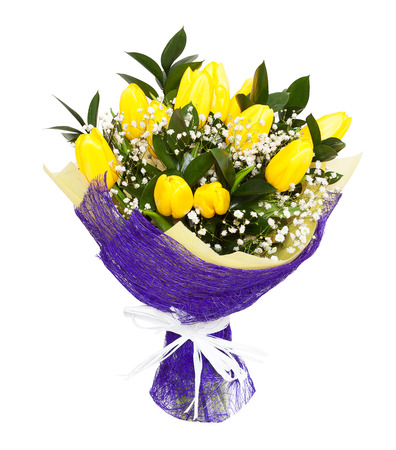 A bouqet of yellow tulips isolated on white background. Possible gift for a valentine's day or a wedding anniversaryの写真素材