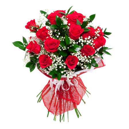 Red roses bouquet. Colorful and bright. Isolated on white backgroundの写真素材