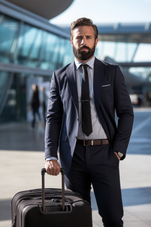 Successful businessman in his 30s of 40s wearing a suit with a beard posing with his luggage suitcase in an airport terminalの素材