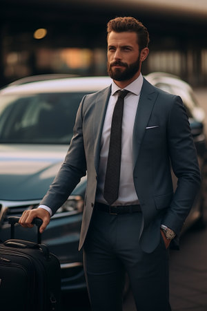 Handsome businessman wearing a suit and a beard holding his luggage suitcase posing in front of a luxury car and airport terminalの素材