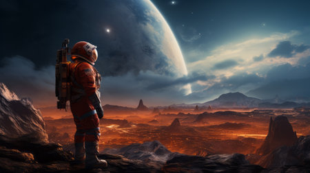 Astronaut in a spacesuit sits on the surface of an unknown planet, gazing at the cosmic landscape before them. This intrepid spaceman is on a mission of exploration and discovery in the far reaches of the universe.の素材
