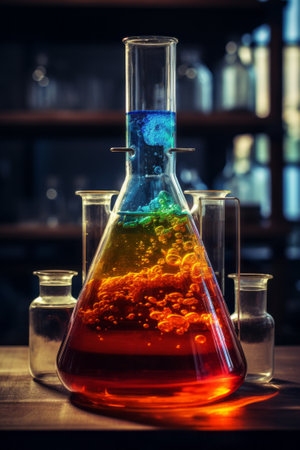 Chemistry flask in a laboratory setting, containing a vigorously boiling liquidの素材