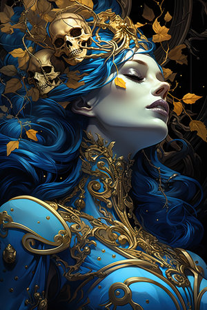 Woman in art nouveau style wearing beautiful blue attire, and her hair is a stunning shade of blue, creating a striking visual contrast. Golden leaf decorations and intricate human skull motifs, adding an intriguing element to her appearance.の素材