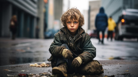 Homeless boy sitting on the ground in a city street, looking at cameraの素材
