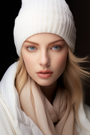 Portrait of a beautiful young woman in a white hat and scarf.の素材