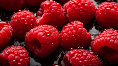 fresh raspberries on a black background, close-up, macroの素材