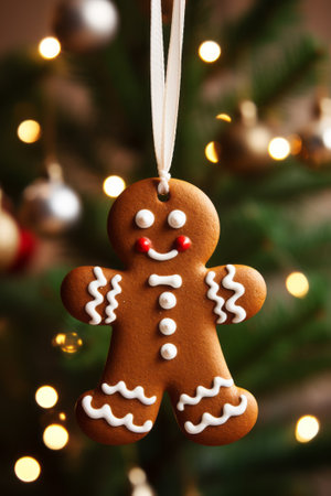 Cute gingerbread man cookie with icing details hanging as an ornament on a beautifully decorated Christmas tree, surrounded by festive lights and ornamentsの素材