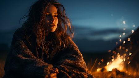 Beautiful young woman seated beside a crackling campfire, enveloped in the comforting embrace of a cozy warm blanket, as the flames cast a gentle, warm glow upon herの素材