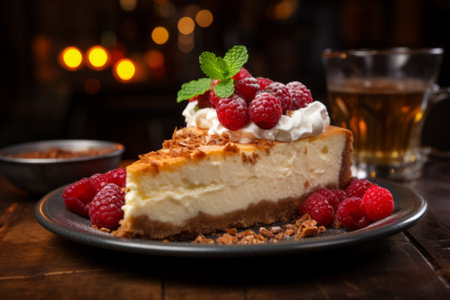 Luscious cheesecake adorned with juicy fresh raspberries, elegantly presented on a dark plate within the cozy ambiance of a rustic pubの素材