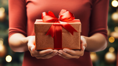 Close up shot of female hands holding a gift wrapped with ribbon. Present in the hands of a woman indoor. Shallow depth of field with focus on the box.の素材