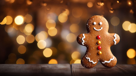 Charming gingerbread man cookie with colorful icing details placed on a festive background, perfect for holiday greetings and messages, with ample copy space for your text or designの素材