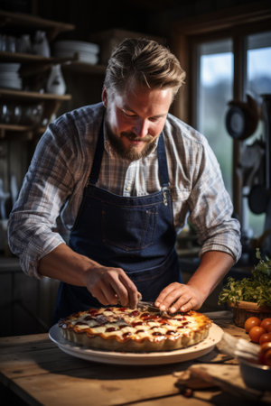 Bearded man in flannel shirt passionately cooking a delicious pie in the kitchenの素材