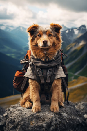 Portrait of a courageous dog perched on top of a majestic mountain, proudly wearing a backpack. With a backdrop of awe-inspiring peaks and vast open skies, this image embodies the indomitable spirit of exploration and the bond between humans and their four-legged companionsの素材
