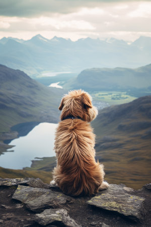 Loyal dog sits perched atop a mountain, overlooking a breathtaking vista. The sweeping landscape stretches out before them, inviting you to immerse yourself in the serenity and grandeur of the great outdoorsの素材