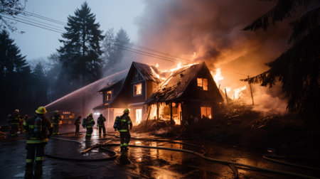 Firefighters courageously battling a house fire, armed with water hoses and wearing protective gearの素材