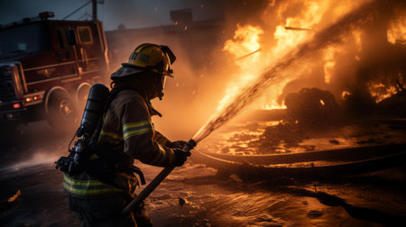 Firefighter courageously battling a fierce blaze using a water hoseの素材